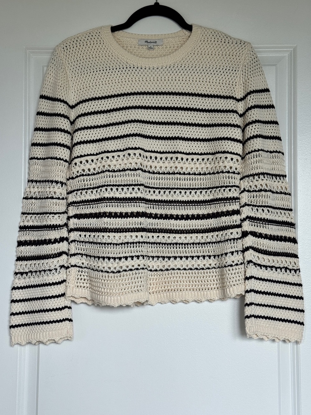 NWOT MADEWELL Open-Stitch Beach Sweater 100% Cotton Ivory Chocolate Stripe M